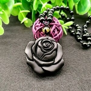 Elegant Black Obsidian Rose Pendant Necklace